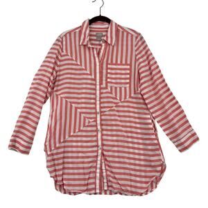 Chico's Tunic Blouse Top Size 8/10 Coral Stripe Asymmetric Seams Lyocell Pockets